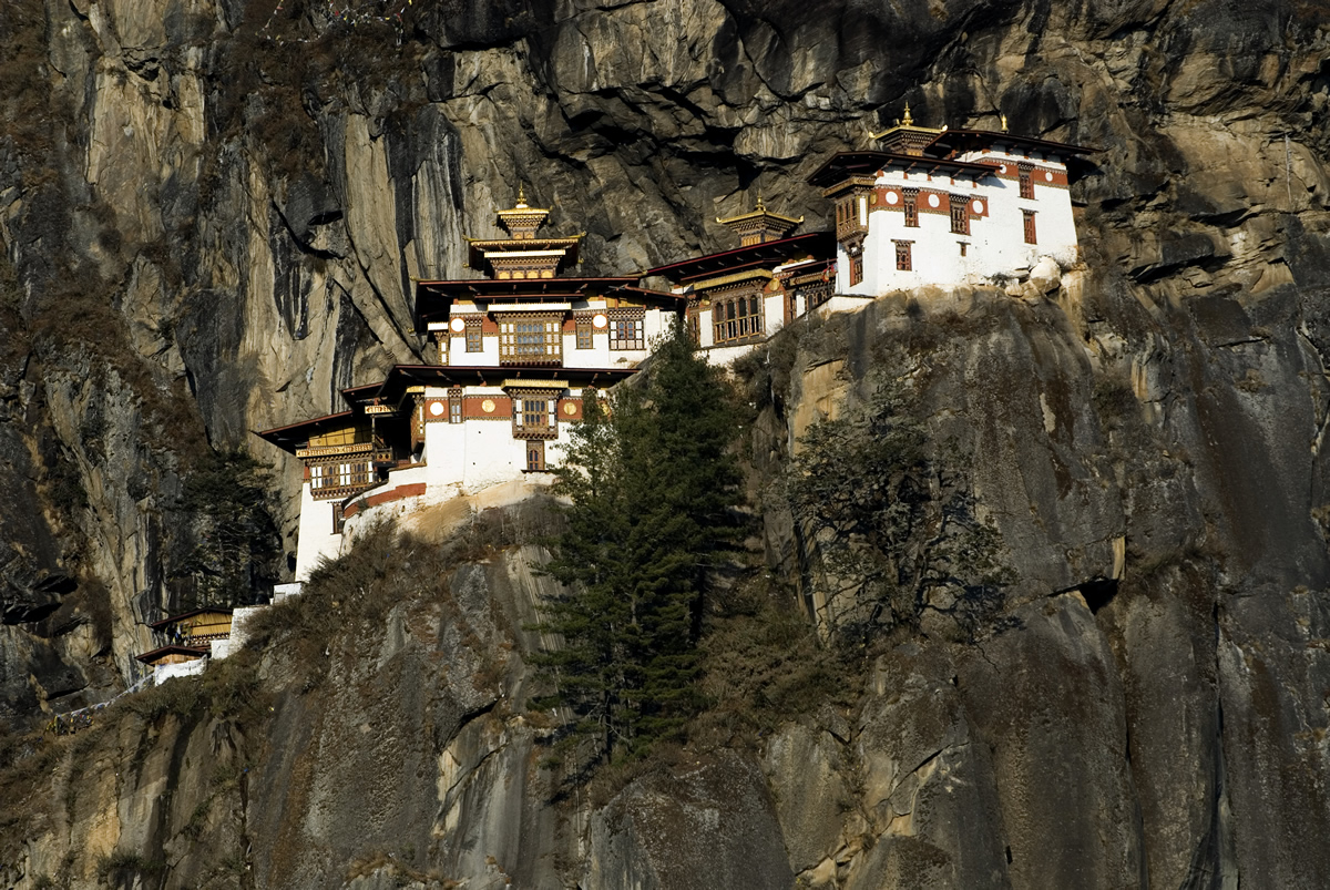 Taktsang Monastery clinging to the cliffside above Paro